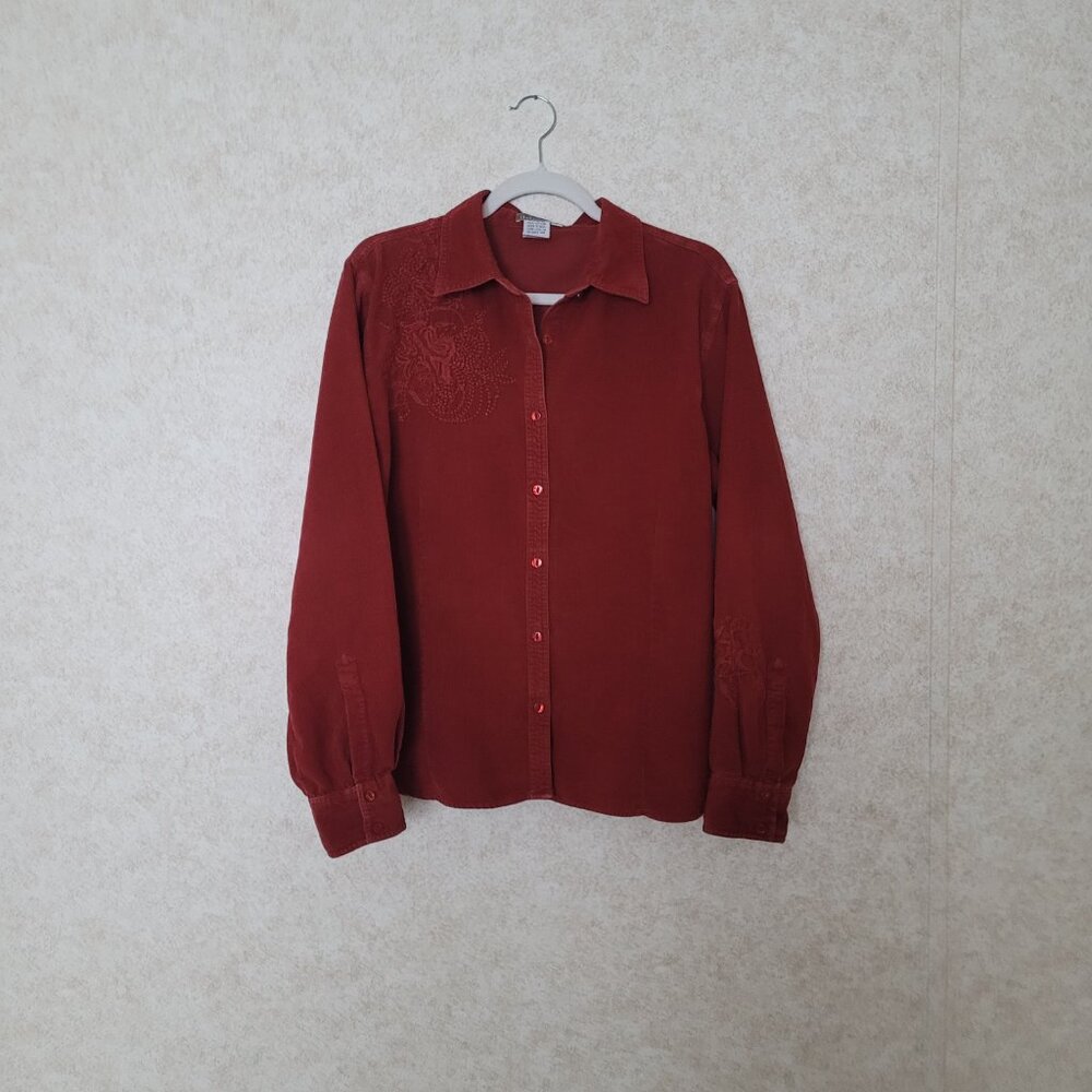 Red Embroidered Corduroy Button Shirt  Isabella Bird  Womens Size XL - Picture 6 of 15